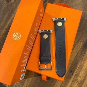 Tory Burch Apple Watch Strap in Navy Blue, New in Box, plastic still on gold